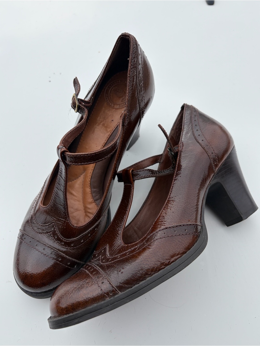 Nurture Brown Leather T-Strap Mary Jane Heels | Chunky Heel | Y2K